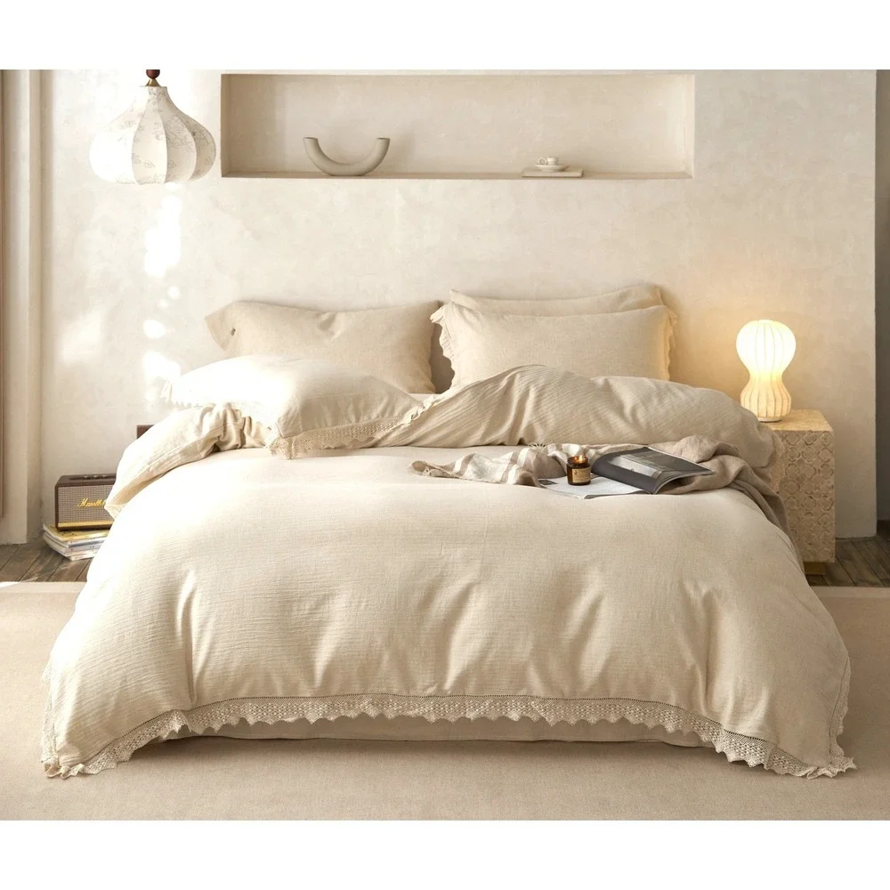 Luna Lace Linen Duvet Cover‎ Set With 2  Pillowcase Top Grade & Natural King